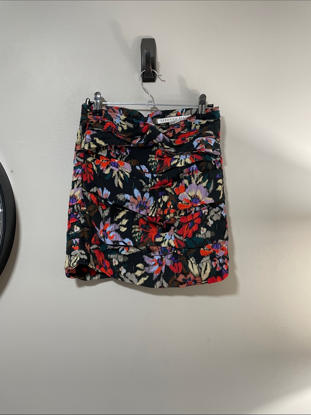 Veronica Beard Black Floral Tiered Mini Skirt with Red & Purple Accents AS IS